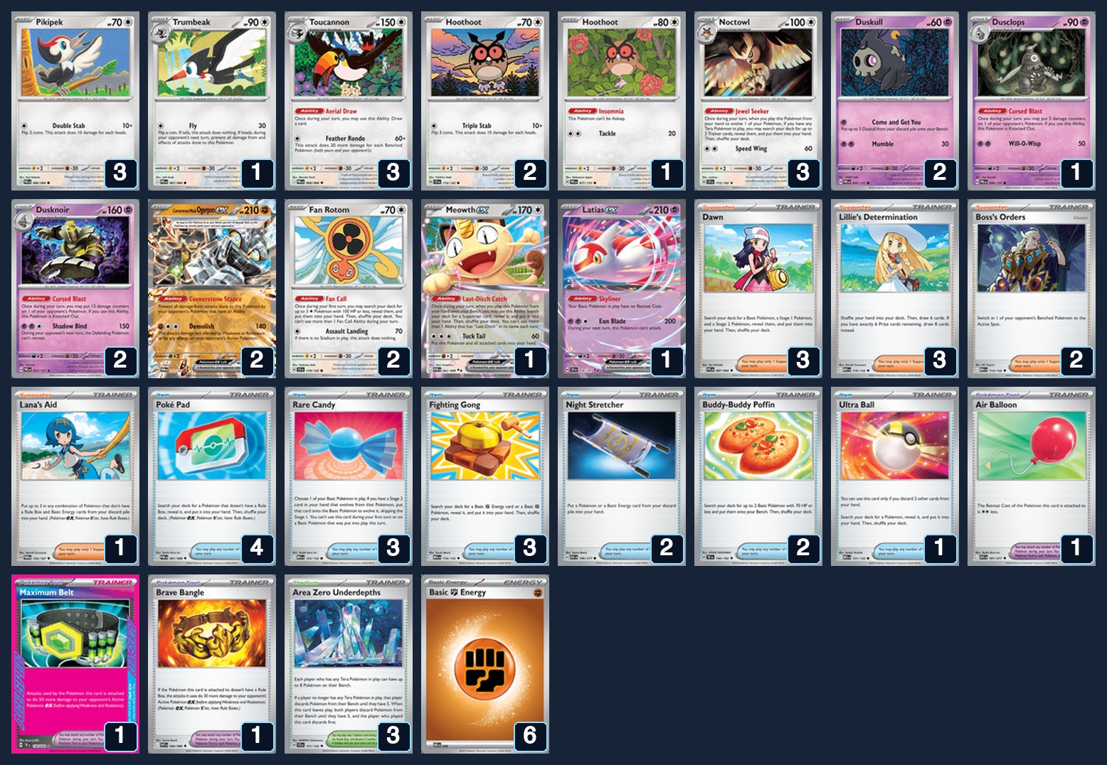Complete 60-card deck list for rank 12, TCGOrnithologySociety