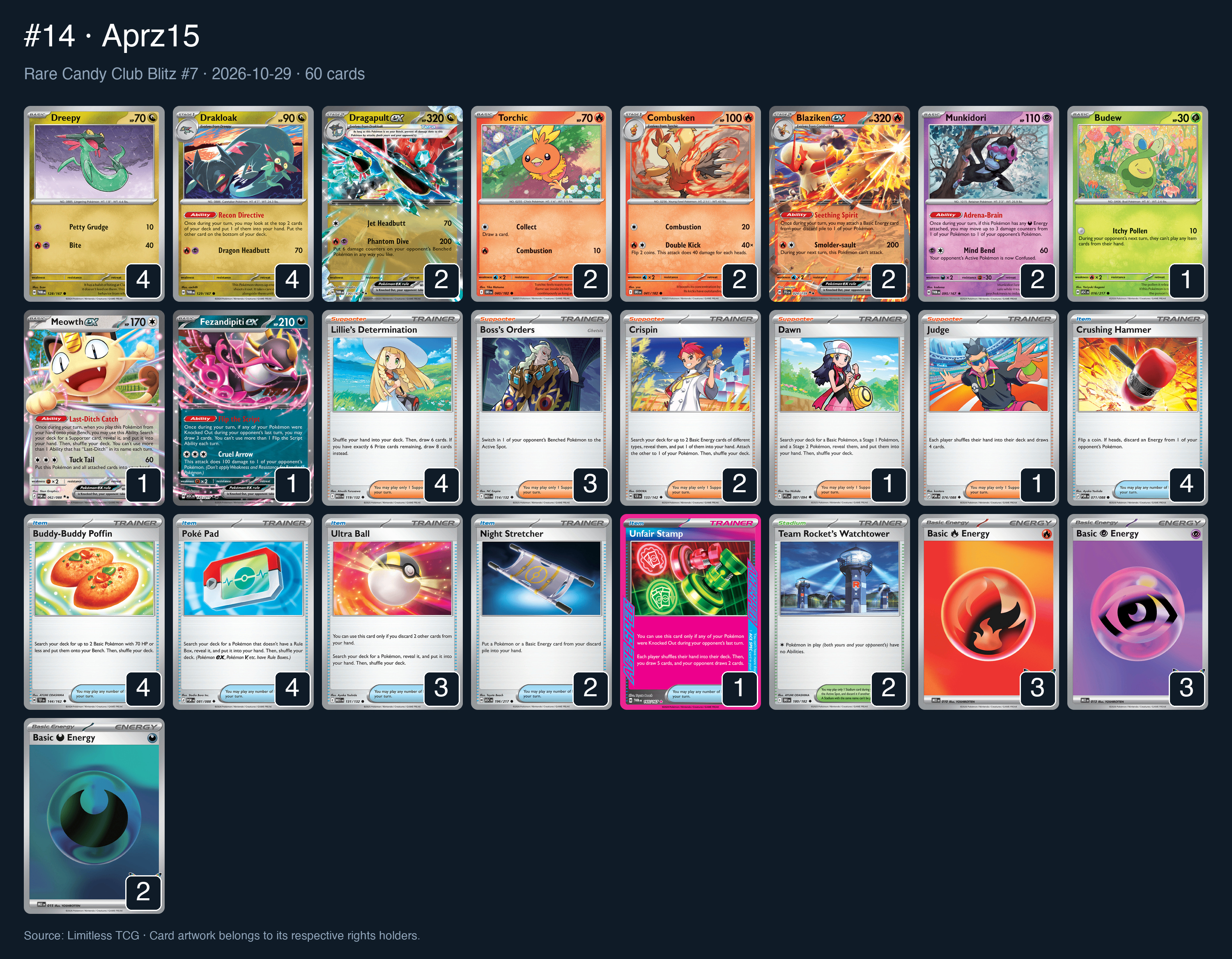 Complete 60-card deck list for rank 14, Aprz15