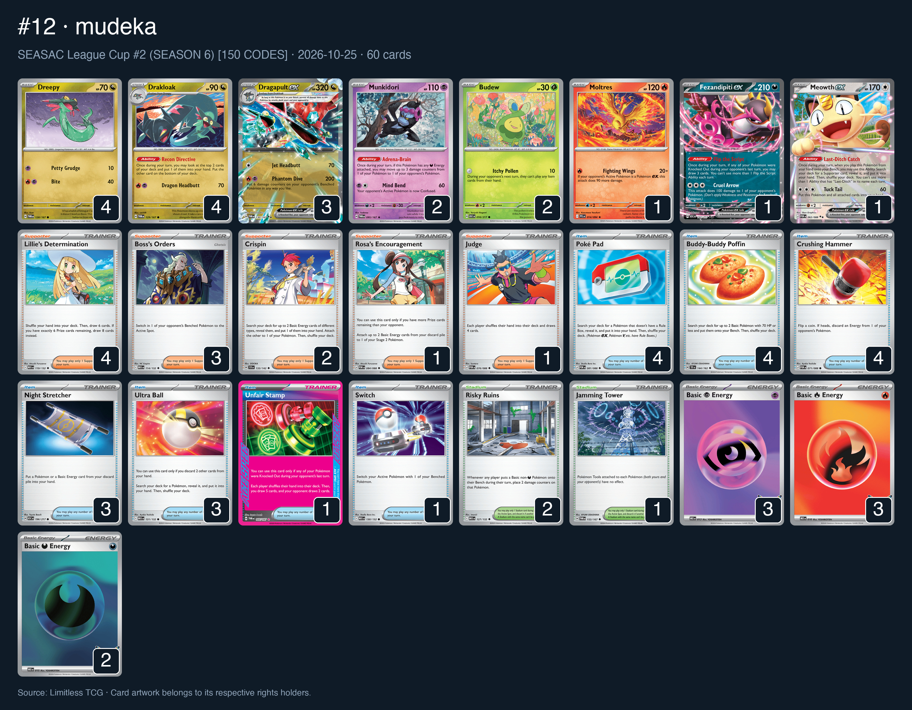 Complete 60-card deck list for rank 12, mudeka