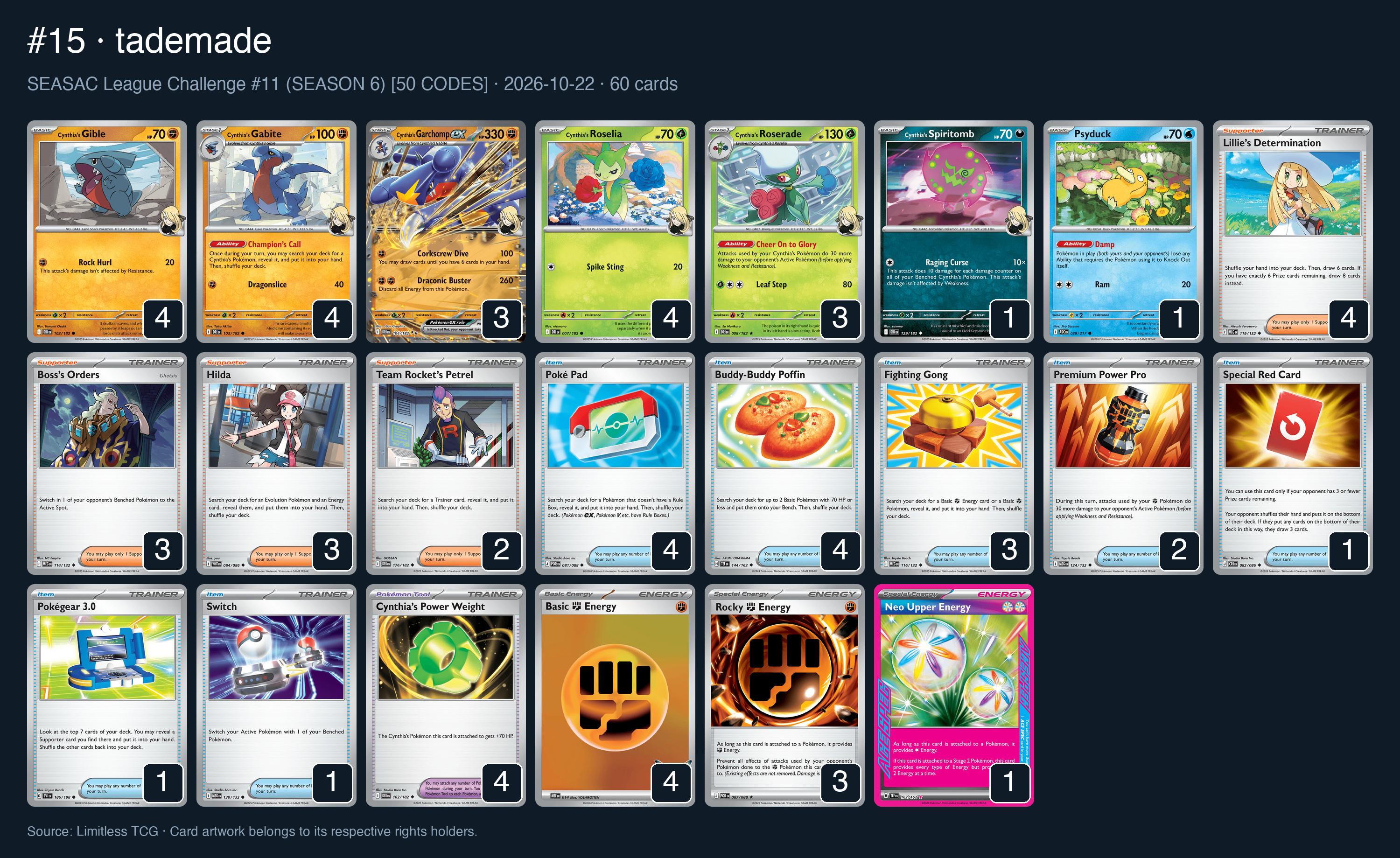 Complete 60-card deck list for rank 15, tademade