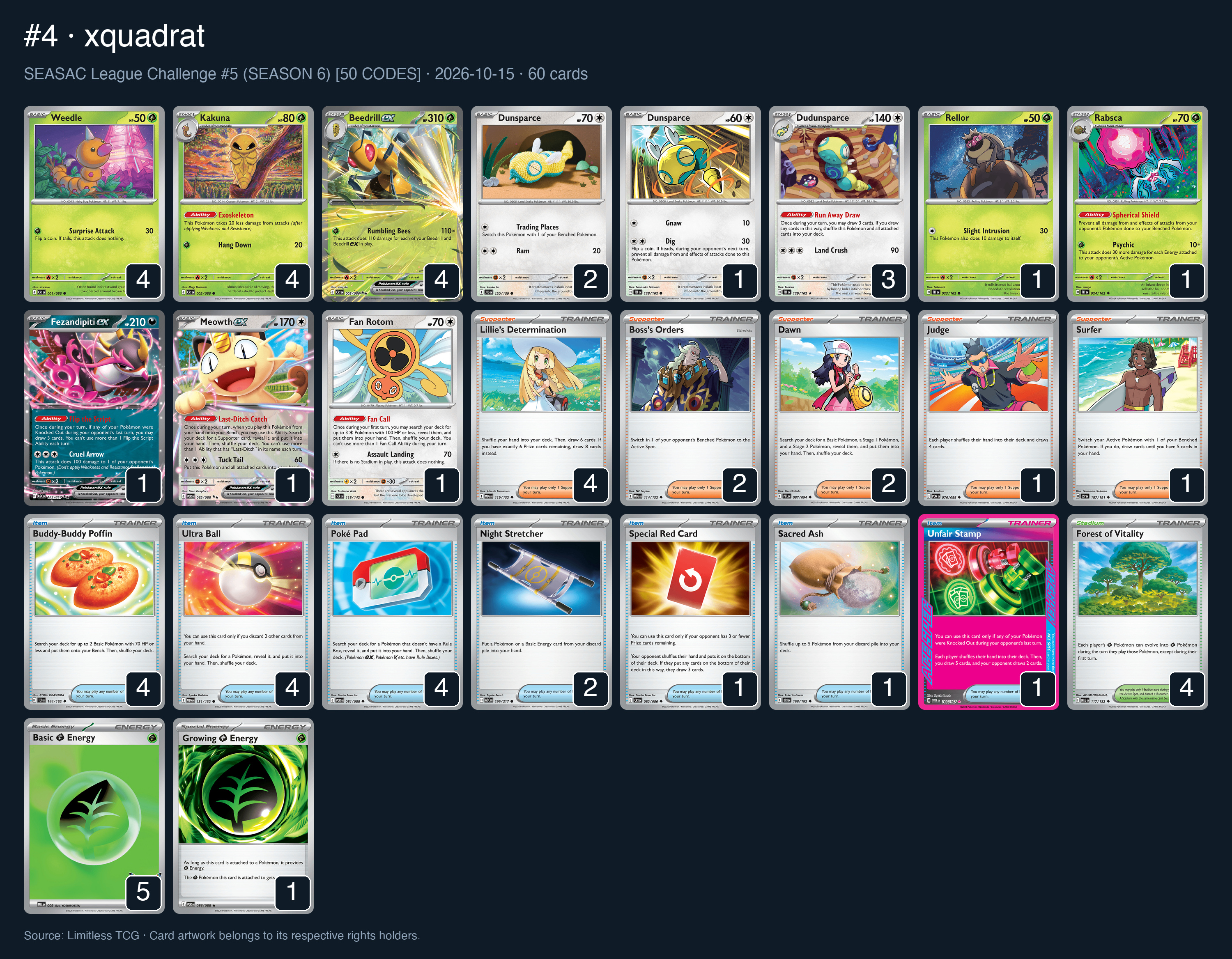 Complete 60-card deck list for rank 4, xquadrat