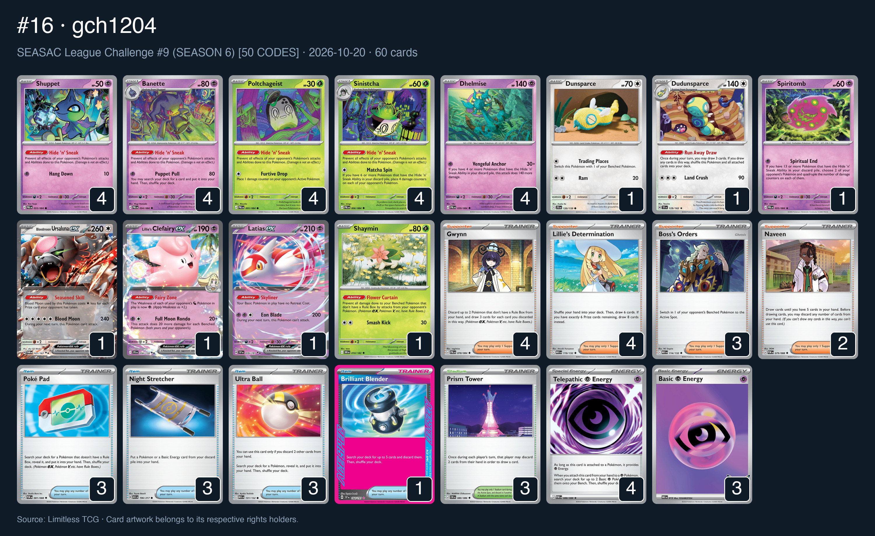 Complete 60-card deck list for rank 16, gch1204