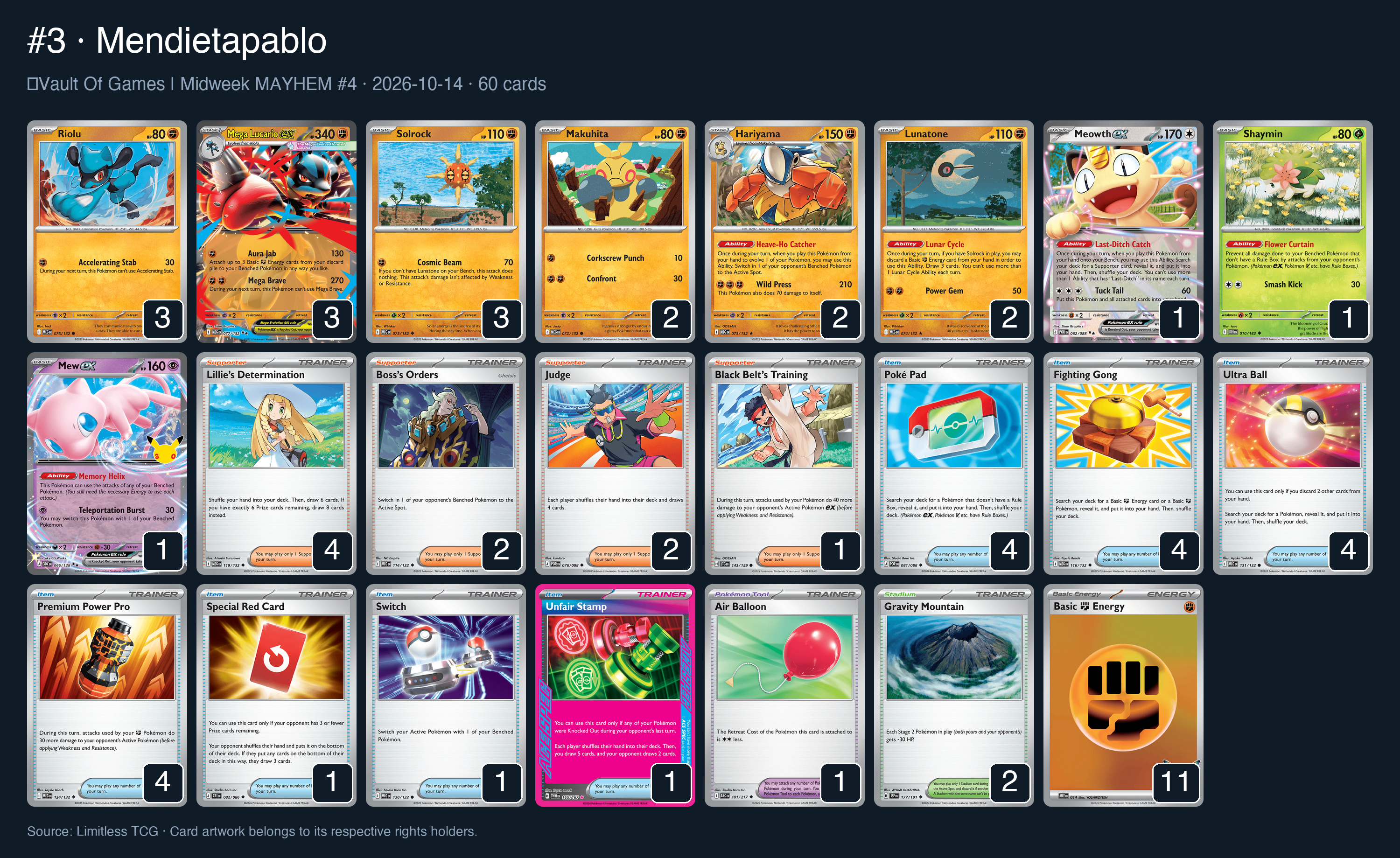 Complete 60-card deck list for rank 3, Mendietapablo