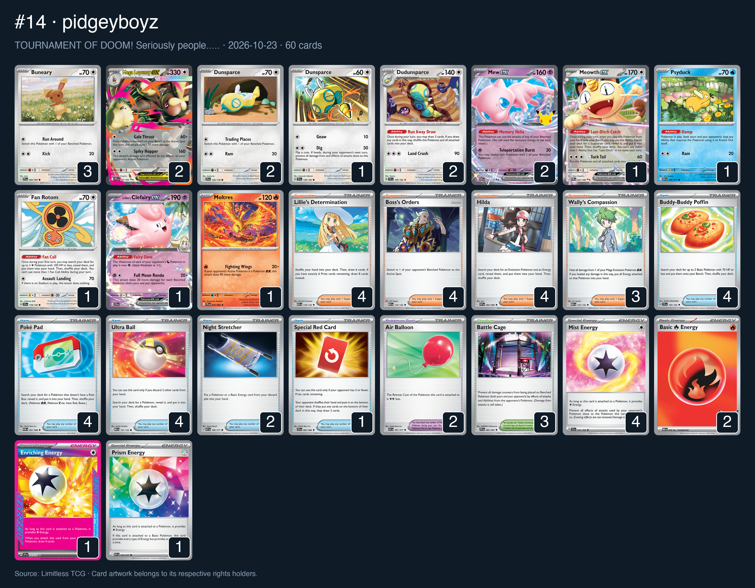Complete 60-card deck list for rank 14, pidgeyboyz