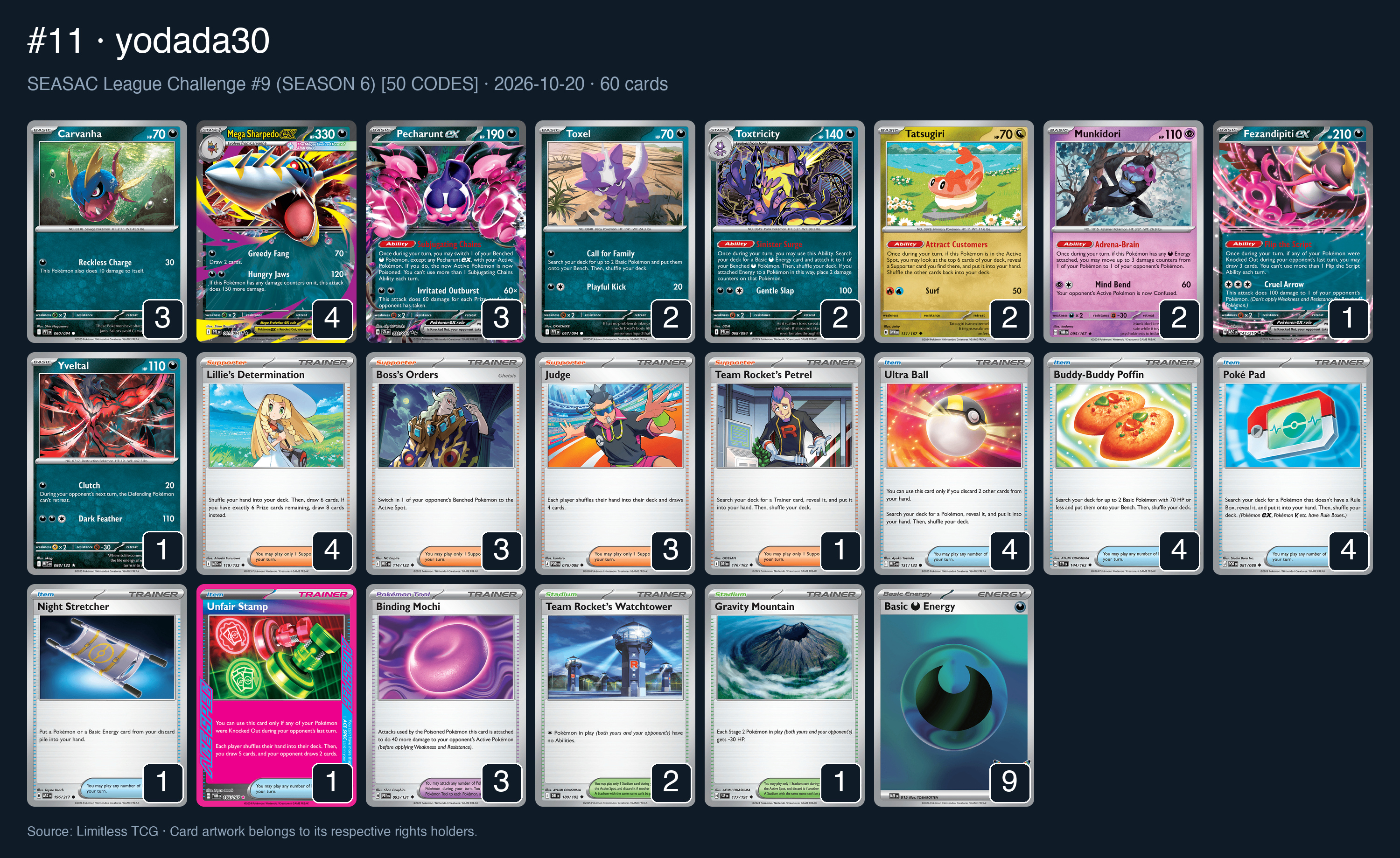 Complete 60-card deck list for rank 11, yodada30