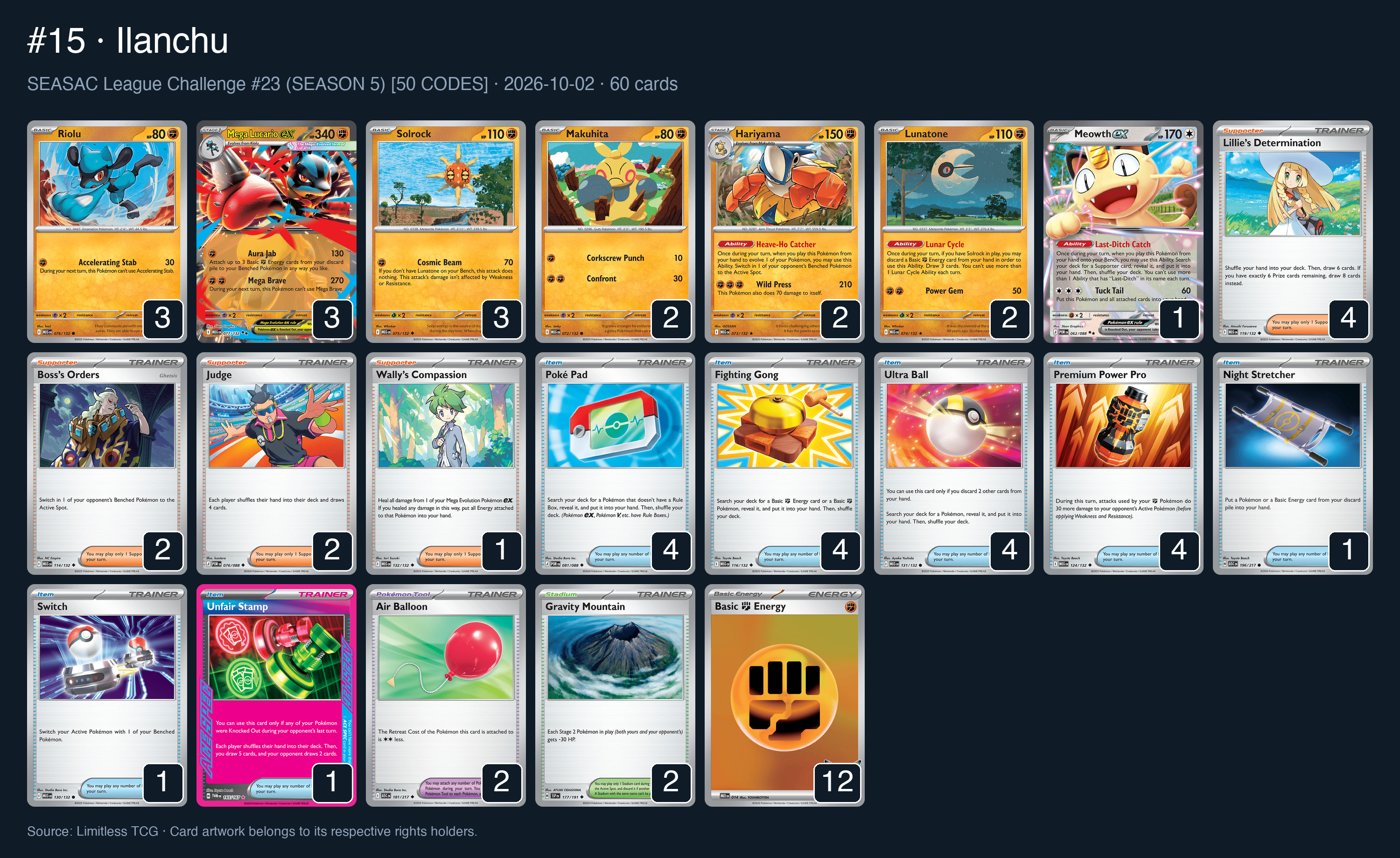Complete 60-card deck list for rank 15, Ilanchu