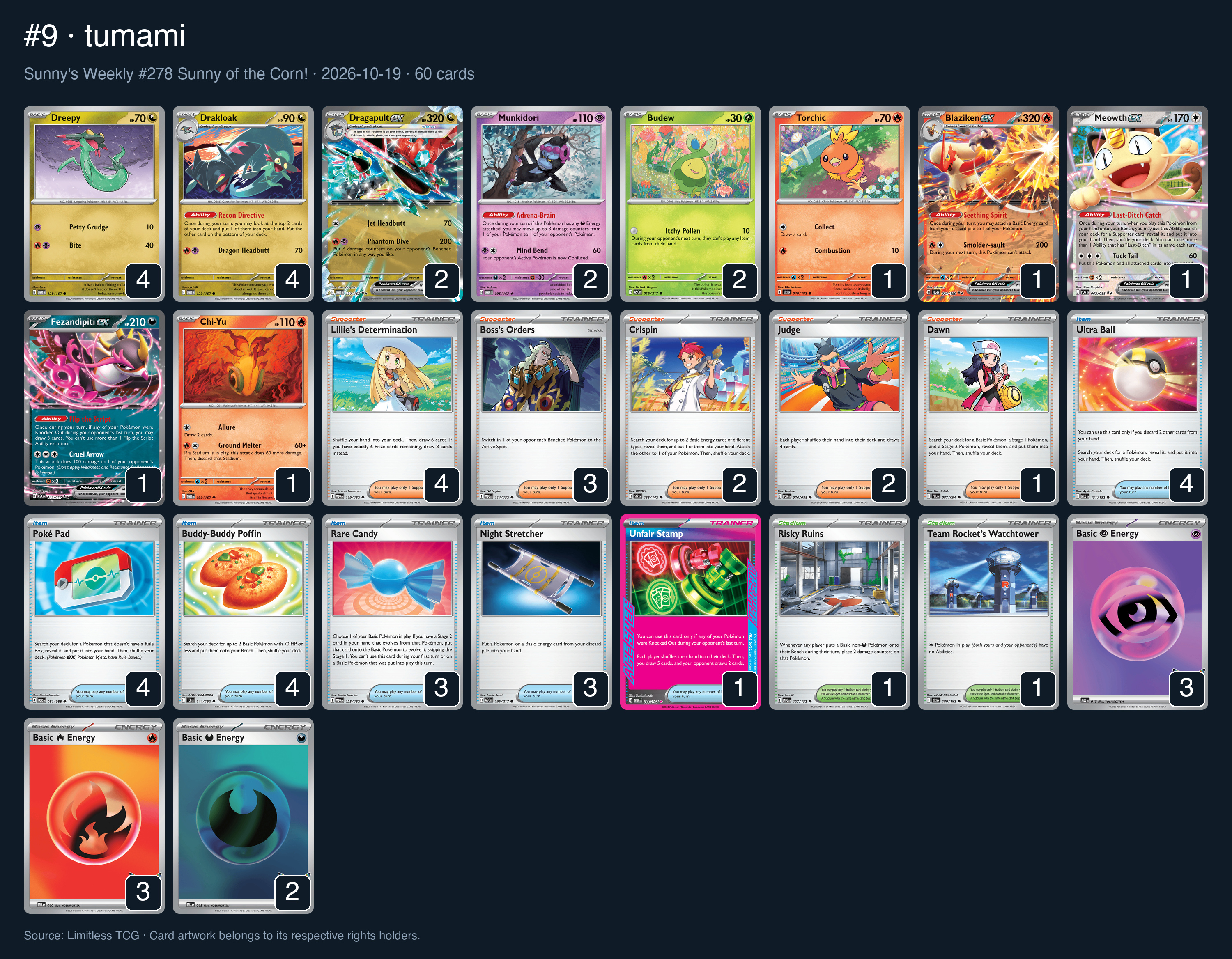 Complete 60-card deck list for rank 9, tumami
