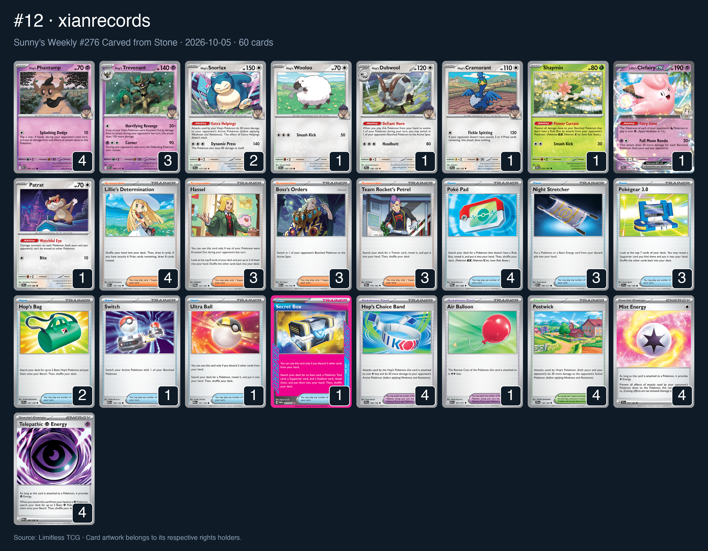 Complete 60-card deck list for rank 12, xianrecords
