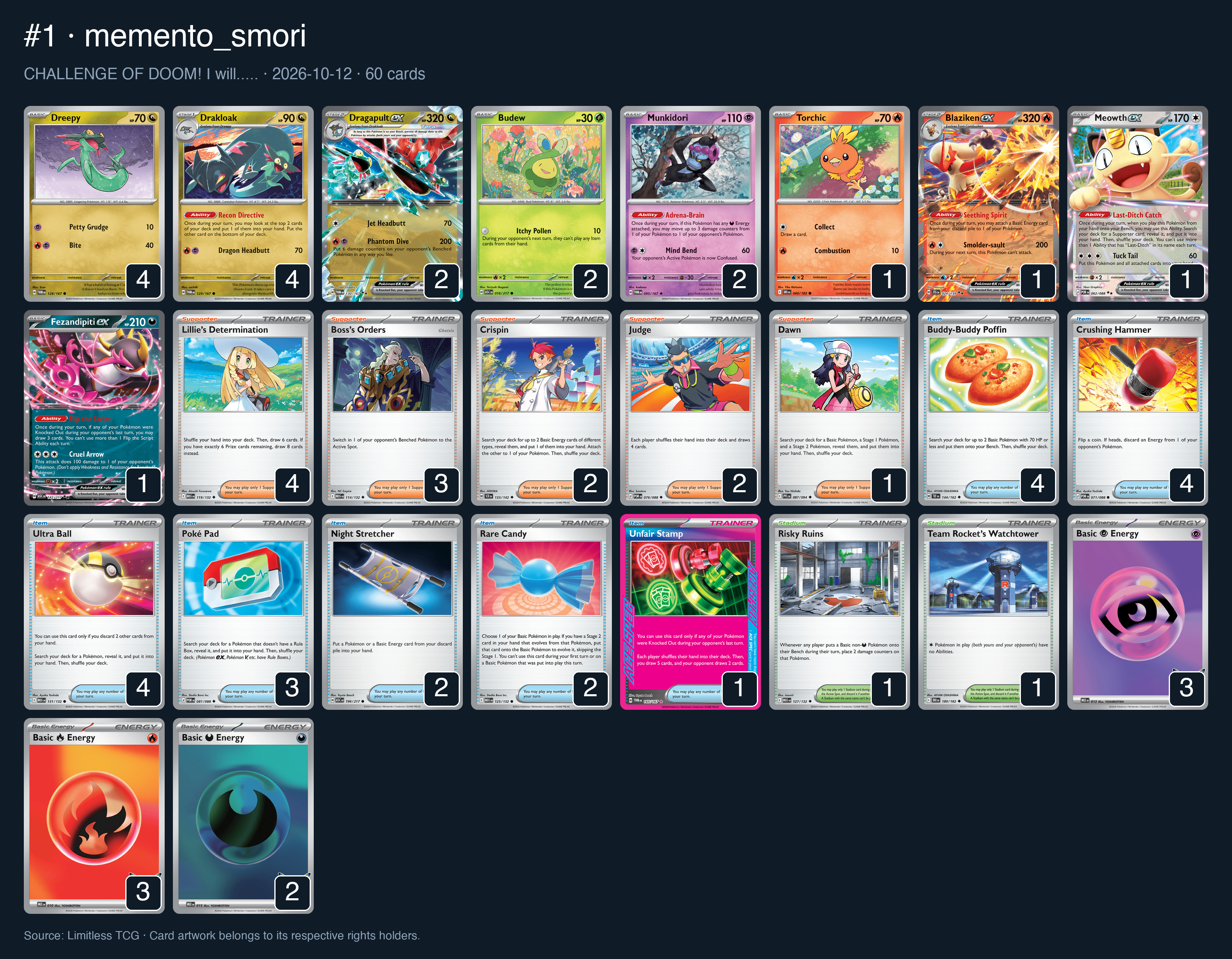 Complete 60-card deck list for rank 1, memento_smori