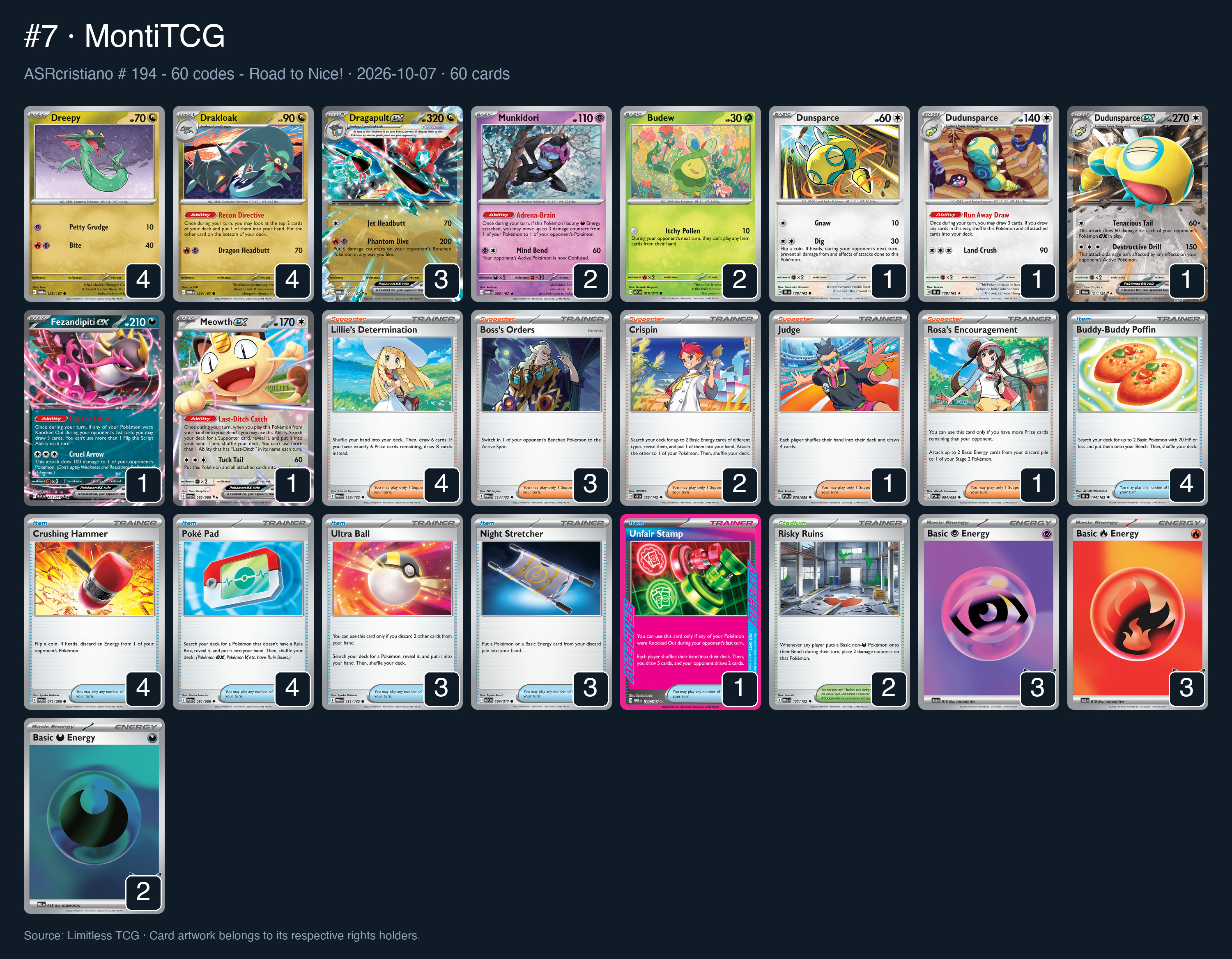 Complete 60-card deck list for rank 7, MontiTCG