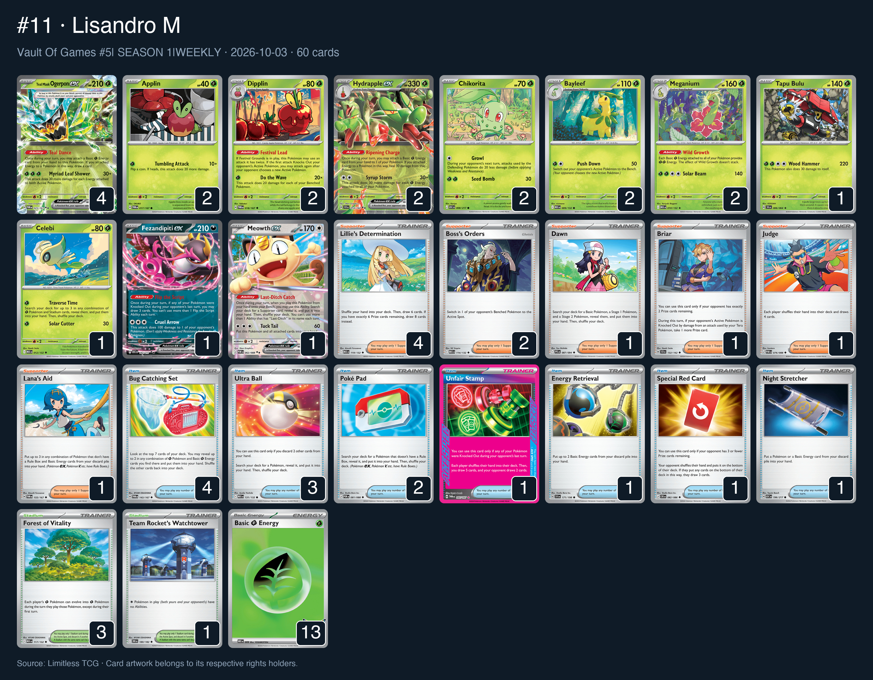 Complete 60-card deck list for rank 11, Lisandro M