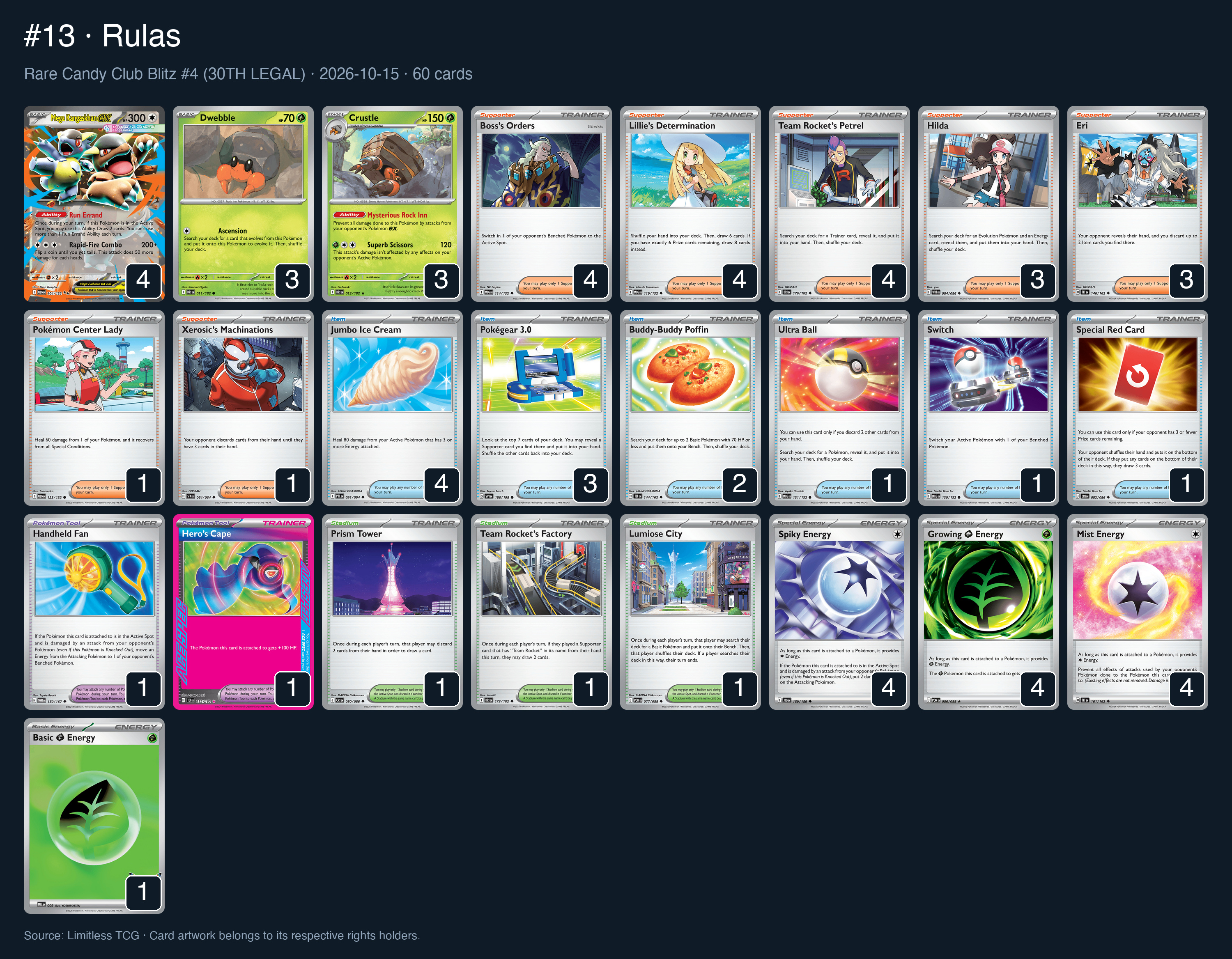 Complete 60-card deck list for rank 13, Rulas