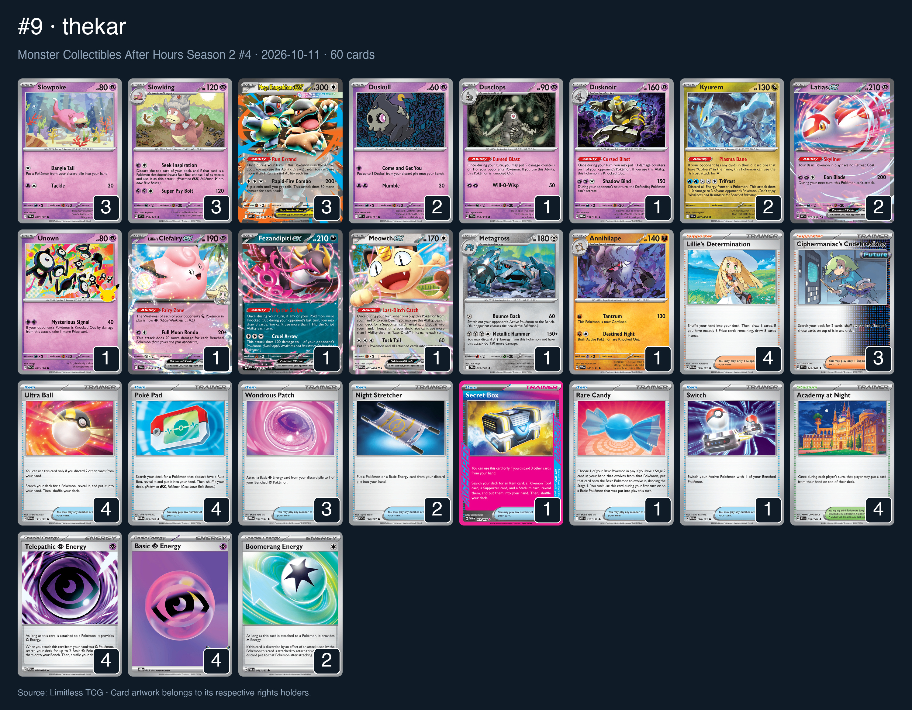 Complete 60-card deck list for rank 9, thekar