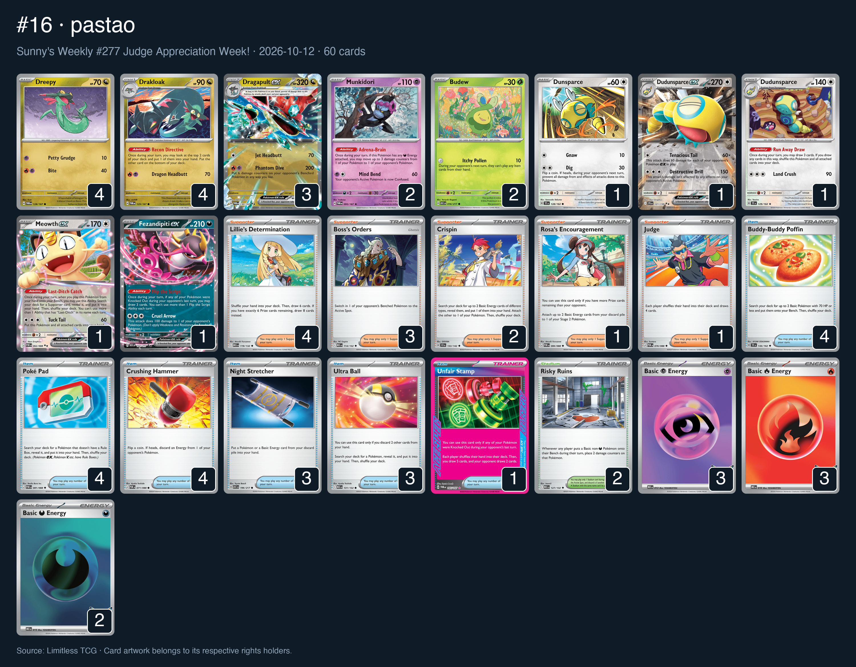 Complete 60-card deck list for rank 16, pastao