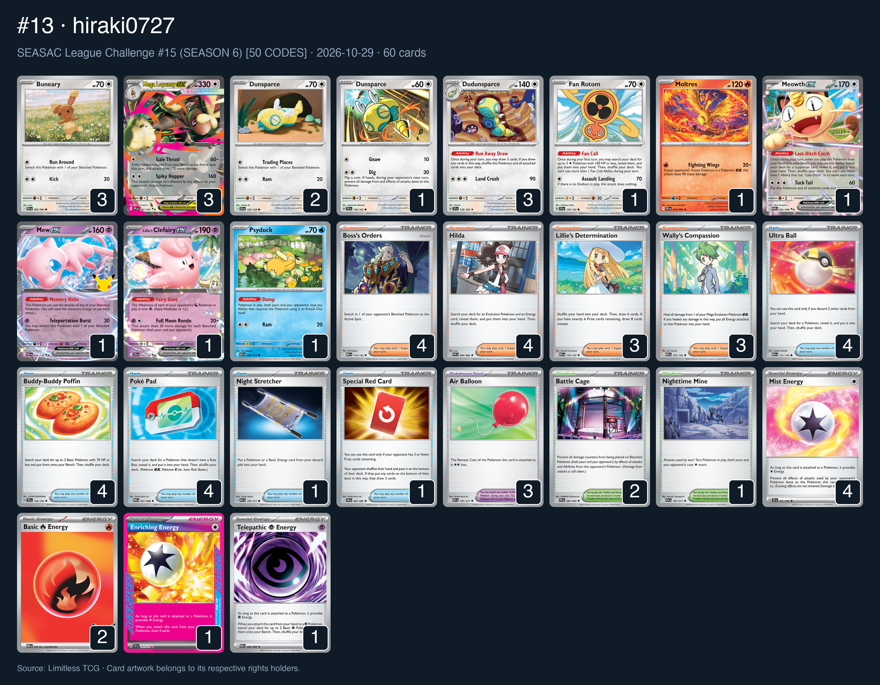 Complete 60-card deck list for rank 13, hiraki0727