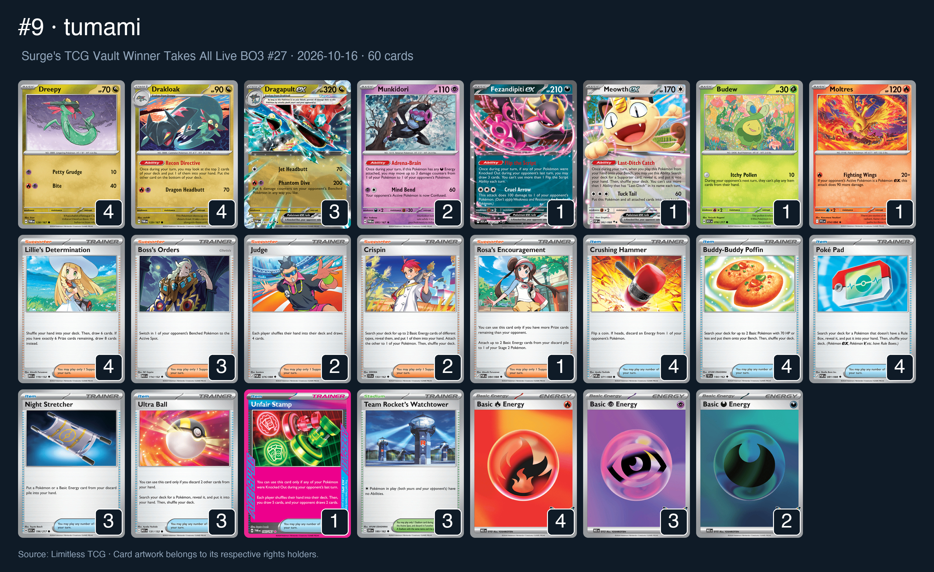 Complete 60-card deck list for rank 9, tumami