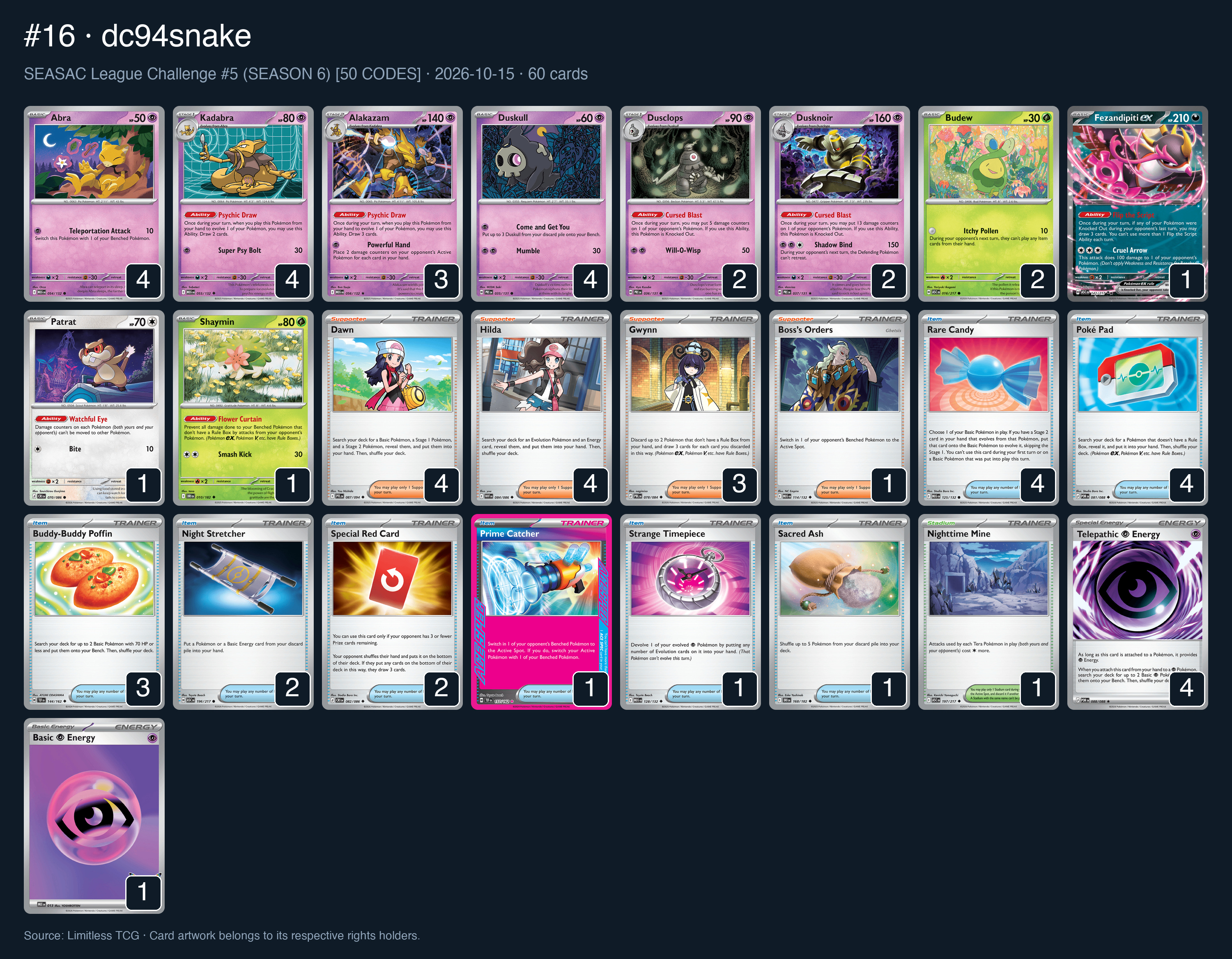 Complete 60-card deck list for rank 16, dc94snake