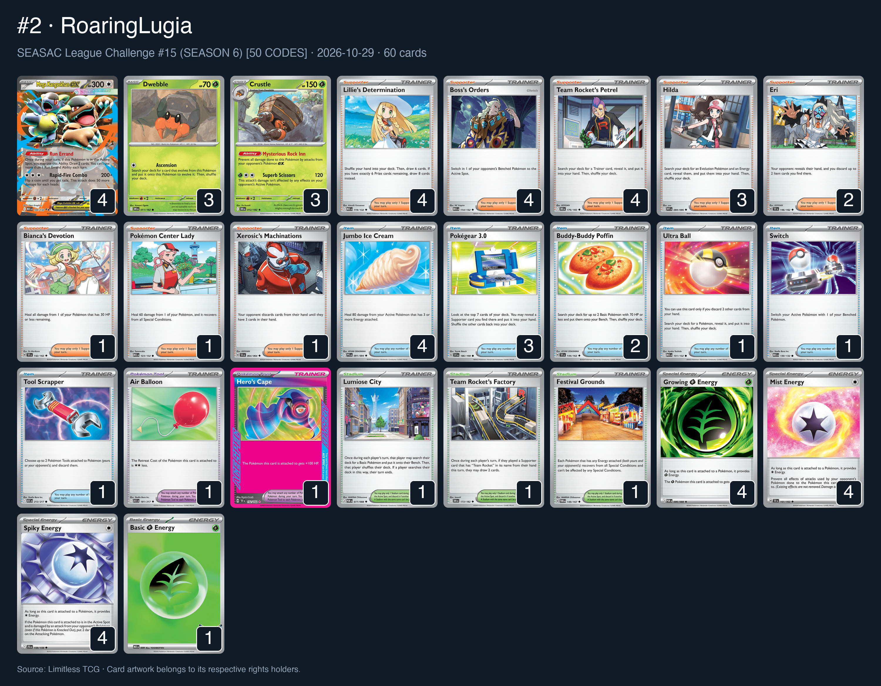 Complete 60-card deck list for rank 2, RoaringLugia