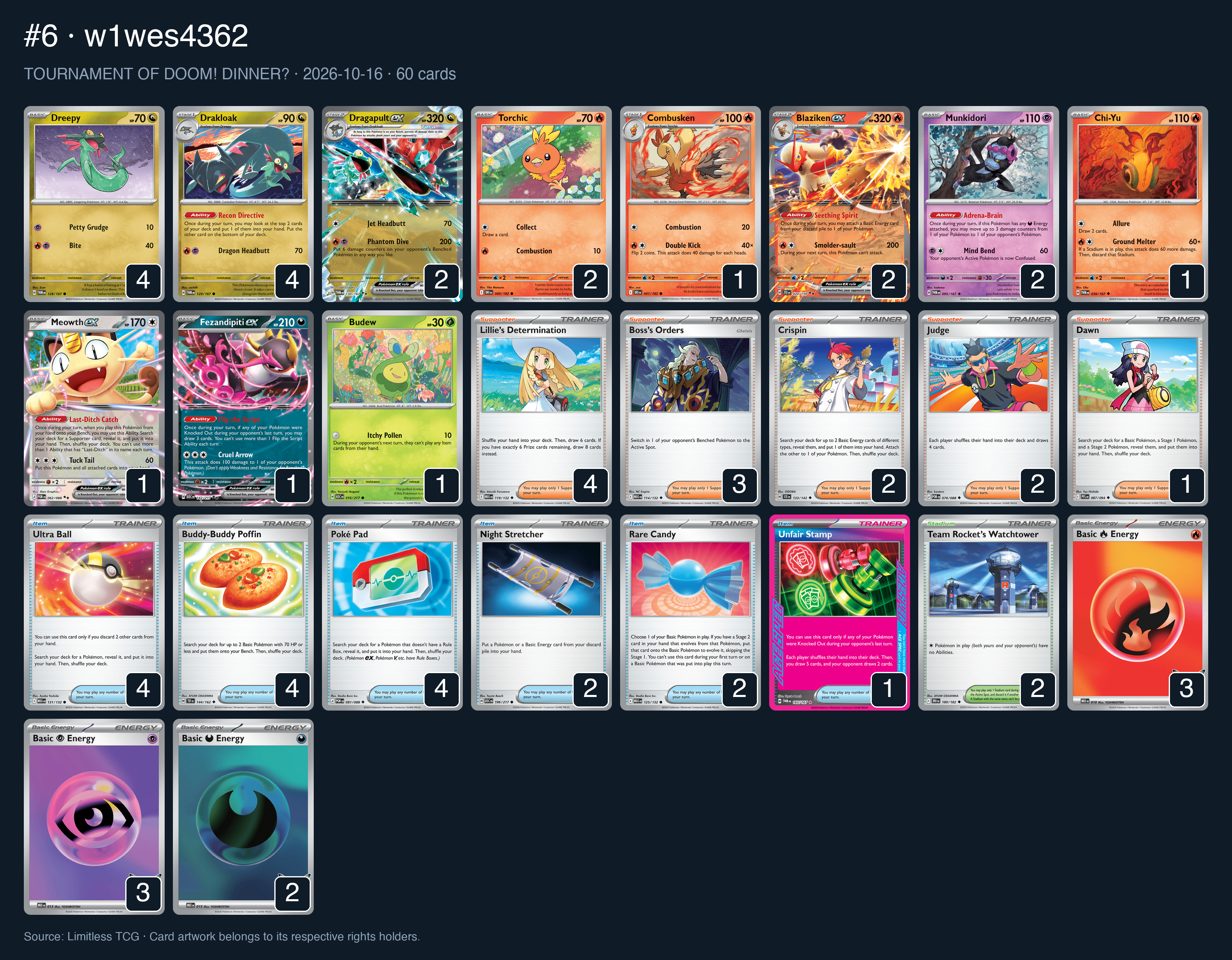 Complete 60-card deck list for rank 6, w1wes4362
