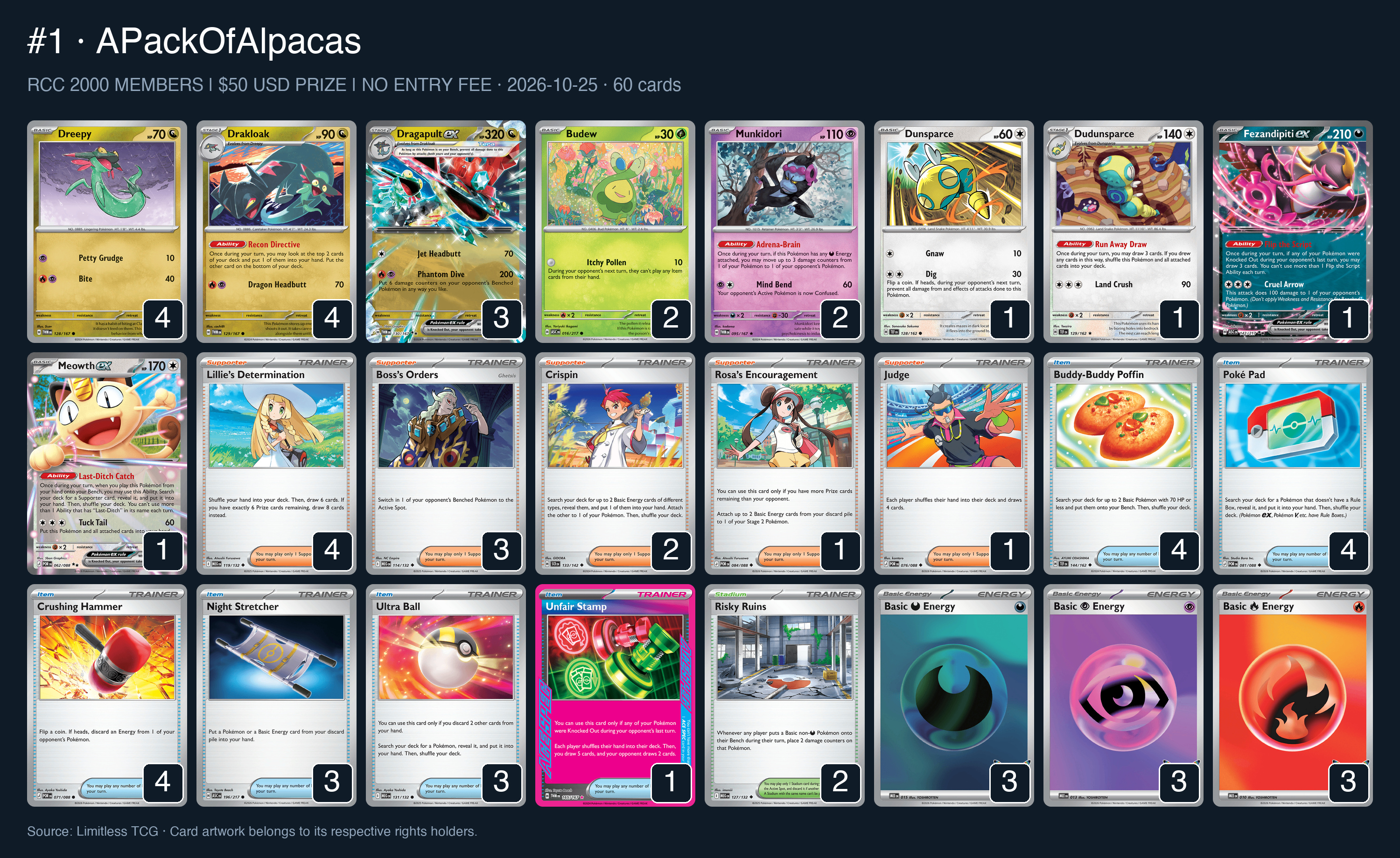 Complete 60-card deck list for rank 1, APackOfAlpacas
