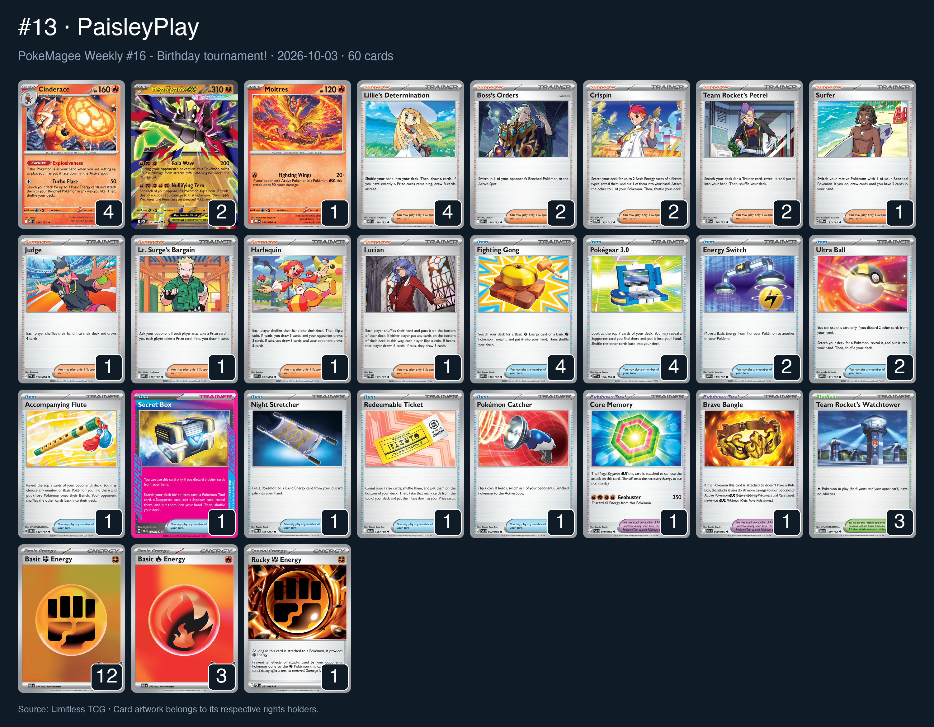 Complete 60-card deck list for rank 13, PaisleyPlay