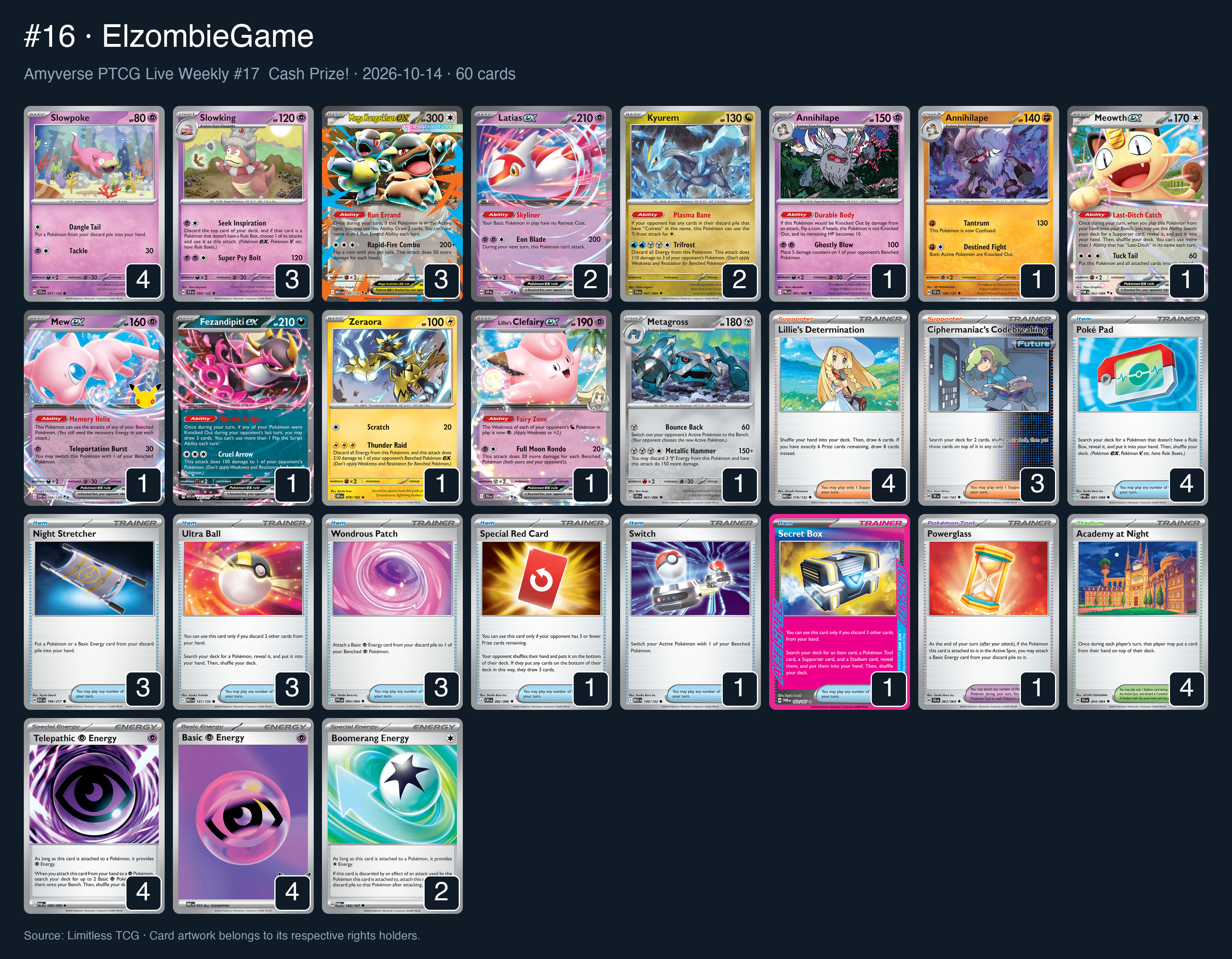 Complete 60-card deck list for rank 16, ElzombieGame