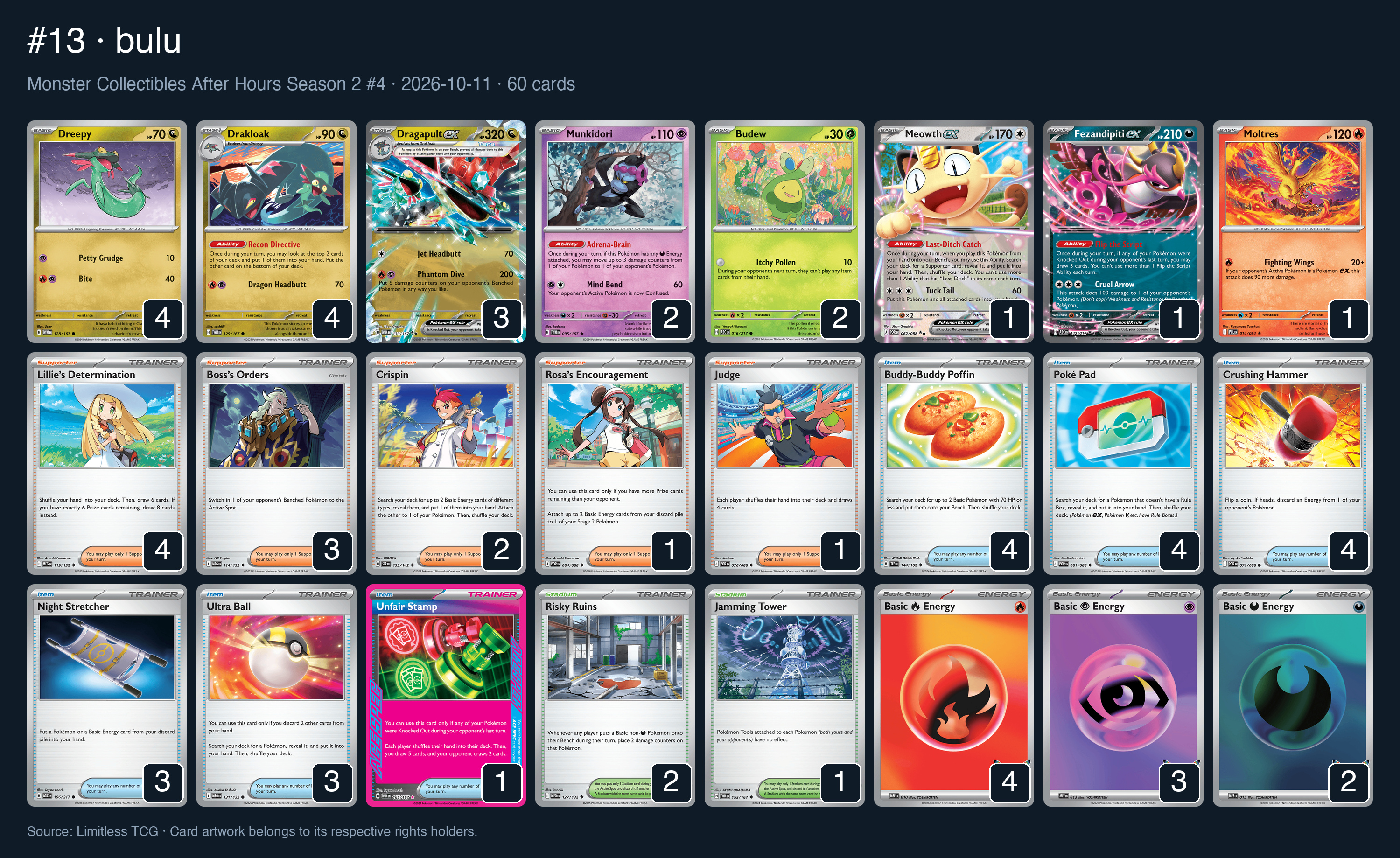 Complete 60-card deck list for rank 13, bulu