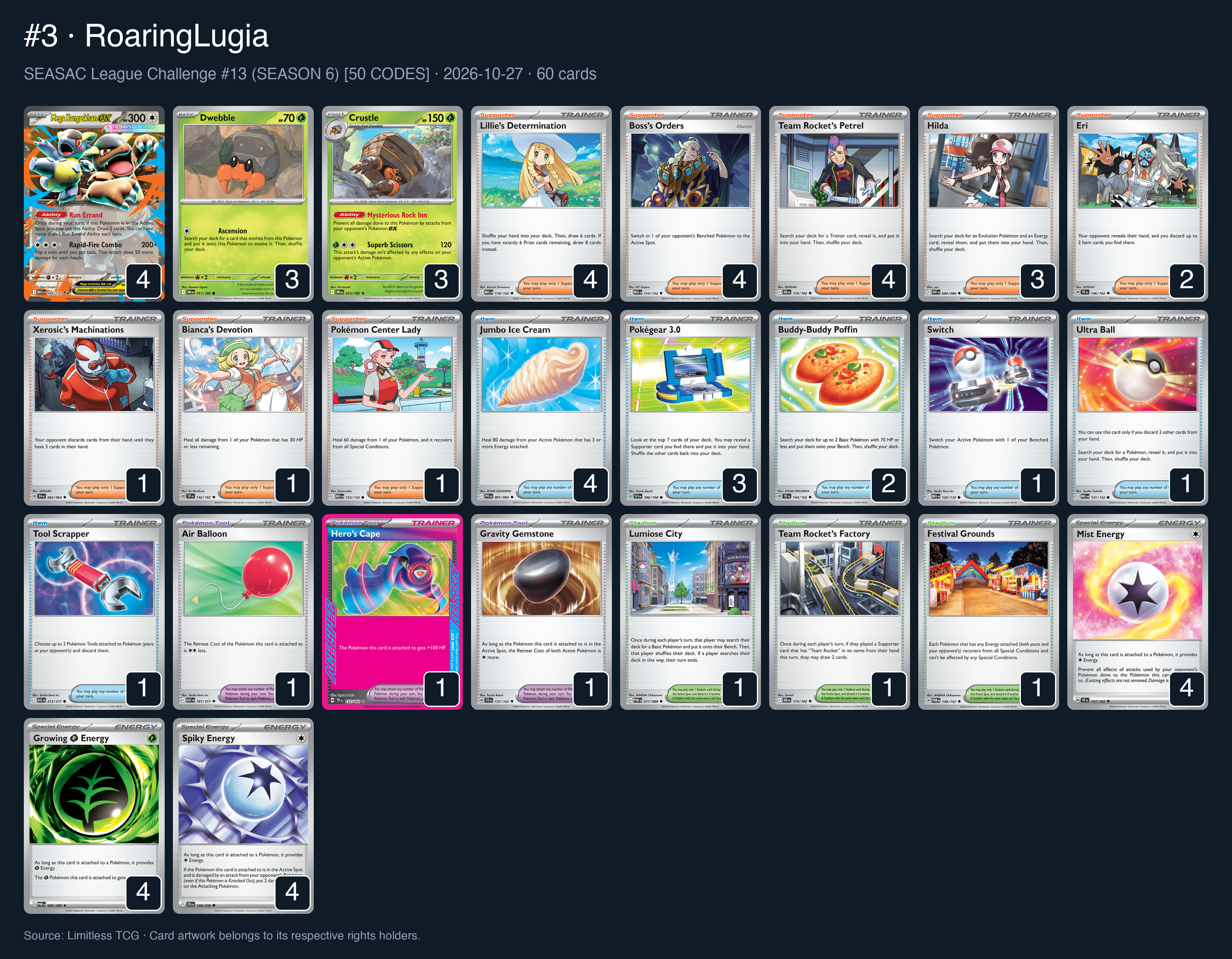 Complete 60-card deck list for rank 3, RoaringLugia