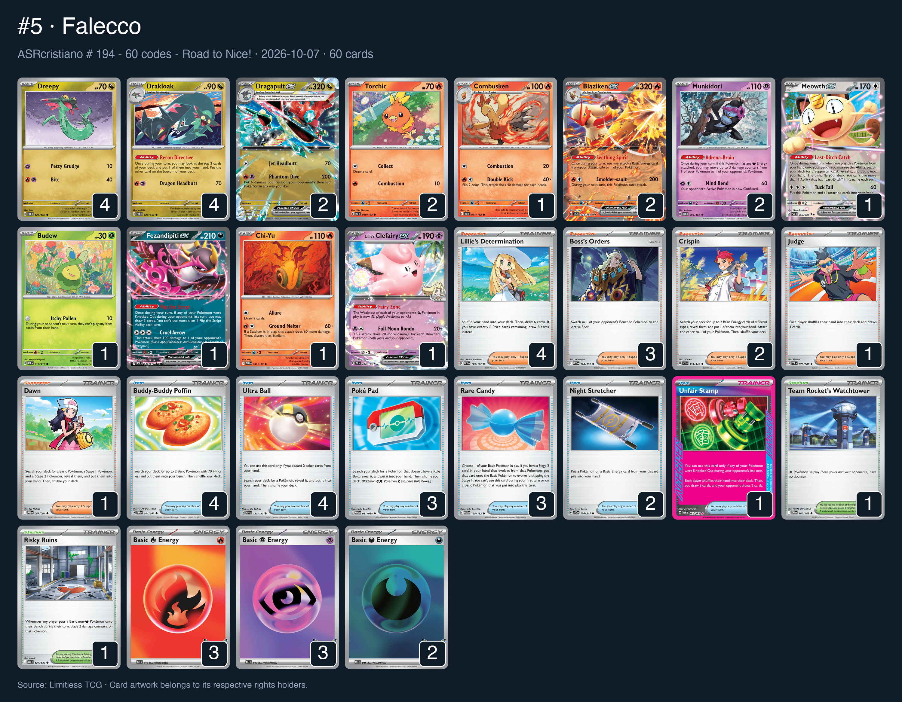 Complete 60-card deck list for rank 5, Falecco