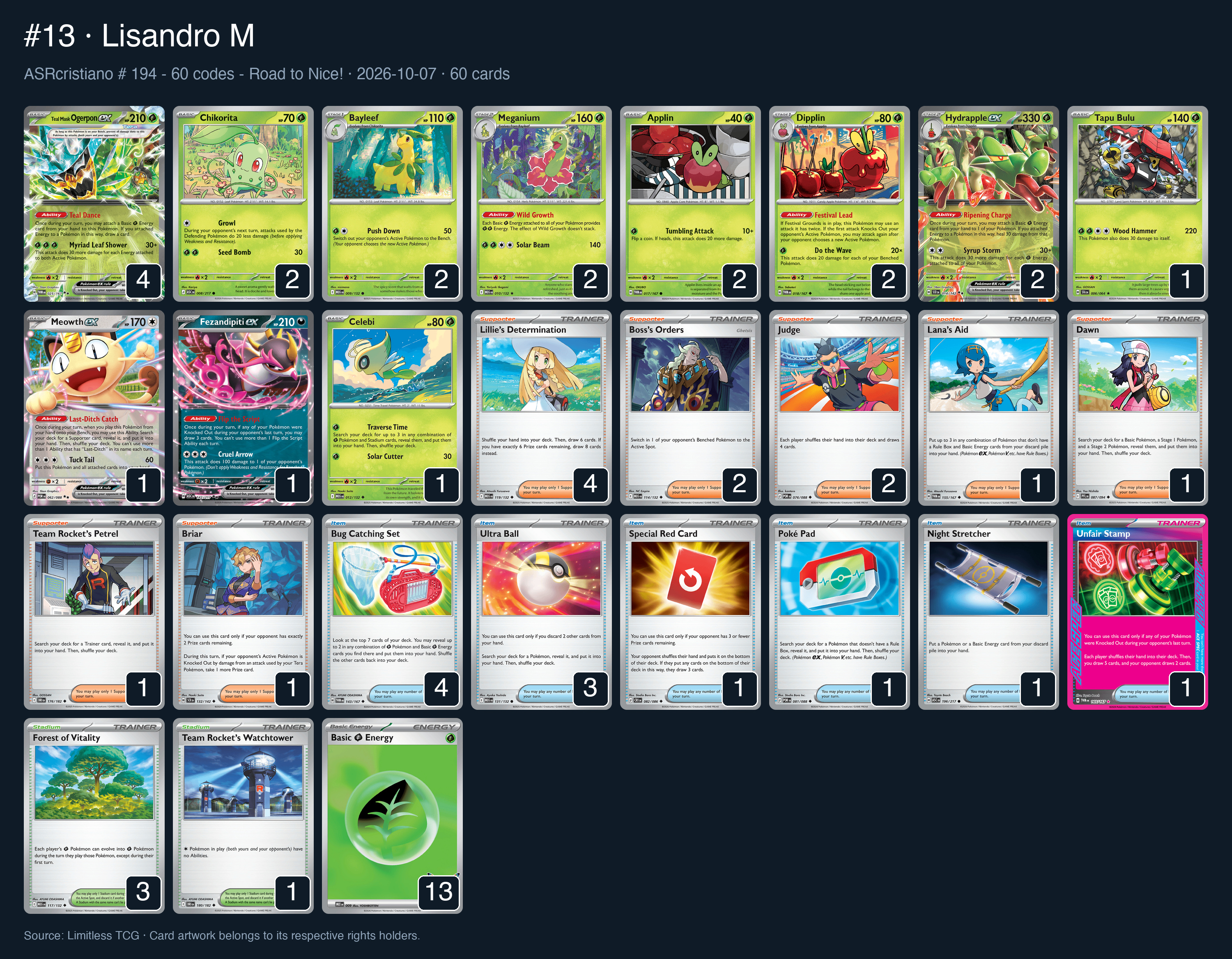 Complete 60-card deck list for rank 13, Lisandro M