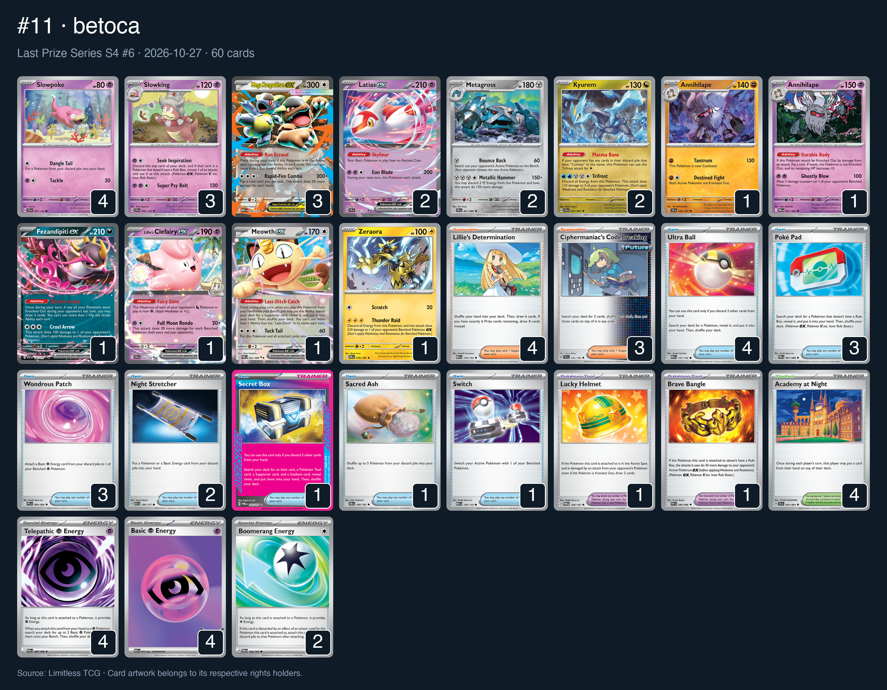 Complete 60-card deck list for rank 11, betoca